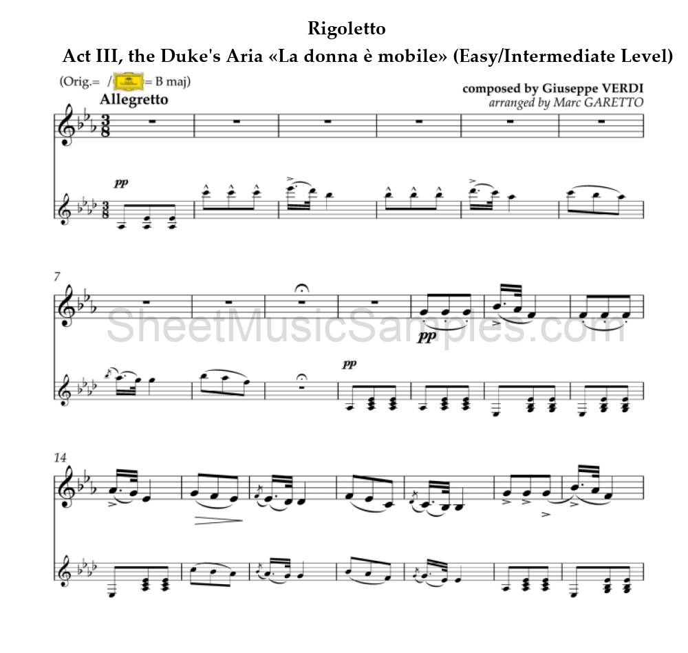 Rigoletto - Act III, the Duke's Aria «La donna è mobile» (Easy/Intermediate Level)