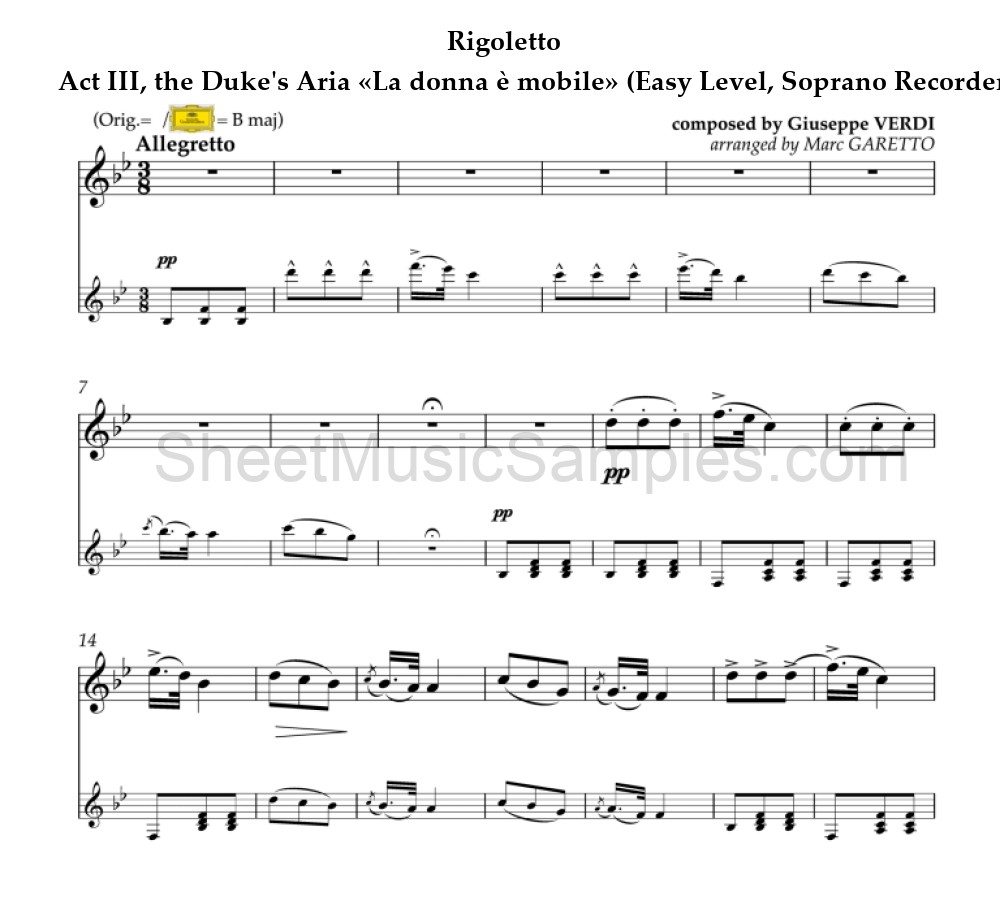 Rigoletto - Act III, the Duke's Aria «La donna è mobile» (Easy Level, Soprano Recorder)