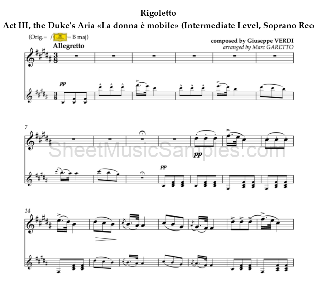 Rigoletto - Act III, the Duke's Aria «La donna è mobile» (Intermediate Level, Soprano Recorder)