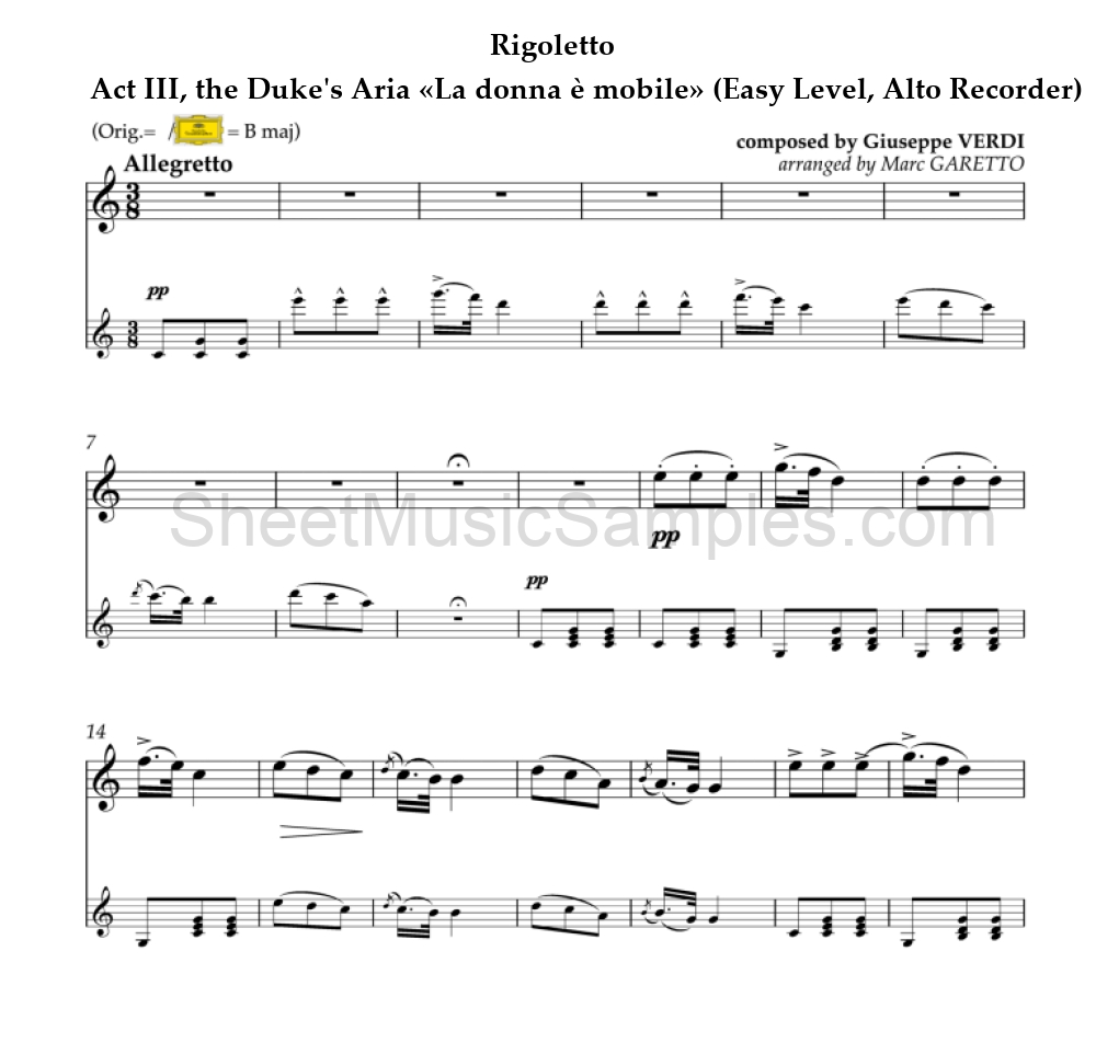 Rigoletto - Act III, the Duke's Aria «La donna è mobile» (Easy Level, Alto Recorder)