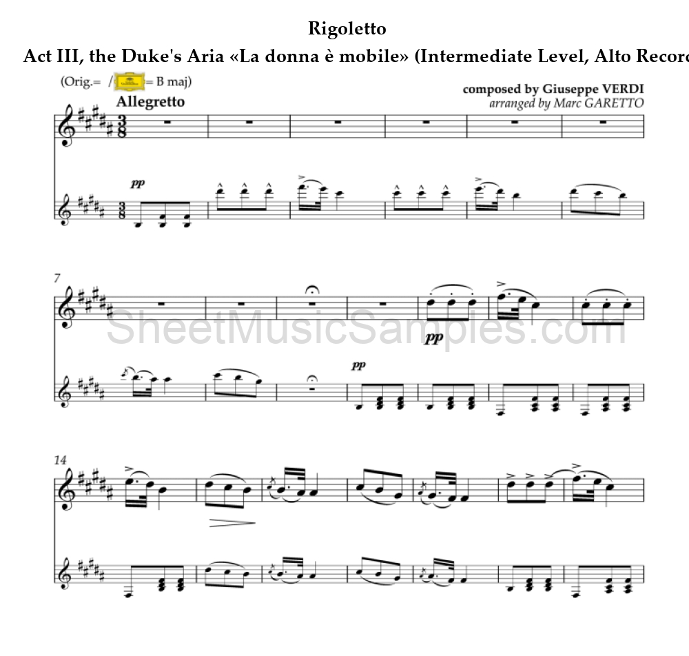 Rigoletto - Act III, the Duke's Aria «La donna è mobile» (Intermediate Level, Alto Recorder)