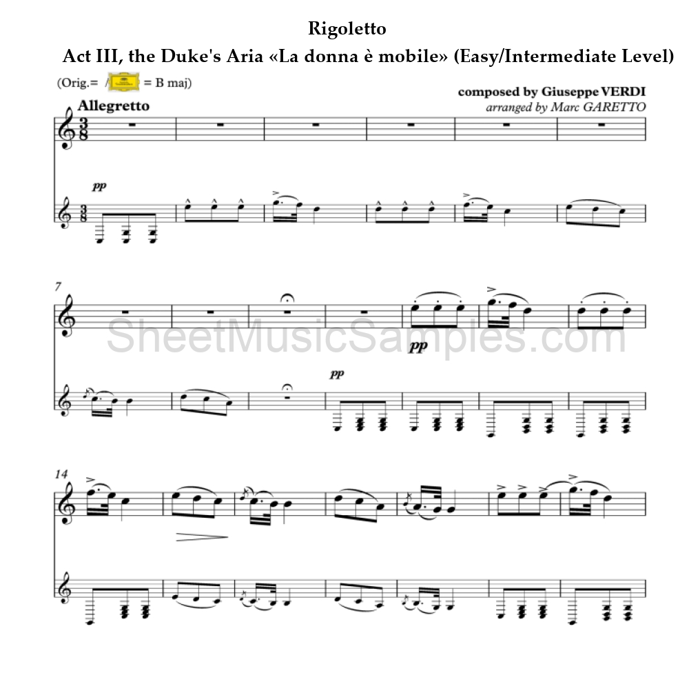 Rigoletto - Act III, the Duke's Aria «La donna è mobile» (Easy/Intermediate Level)