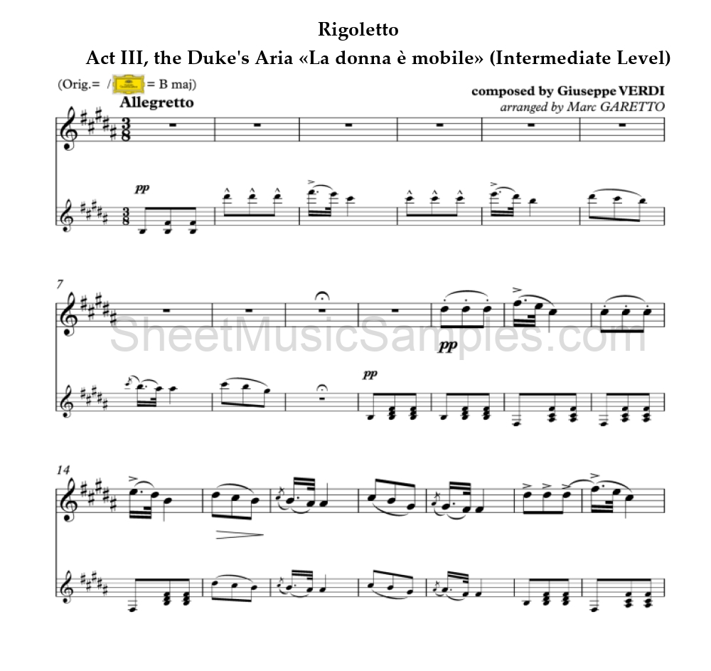 Rigoletto - Act III, the Duke's Aria «La donna è mobile» (Intermediate Level)