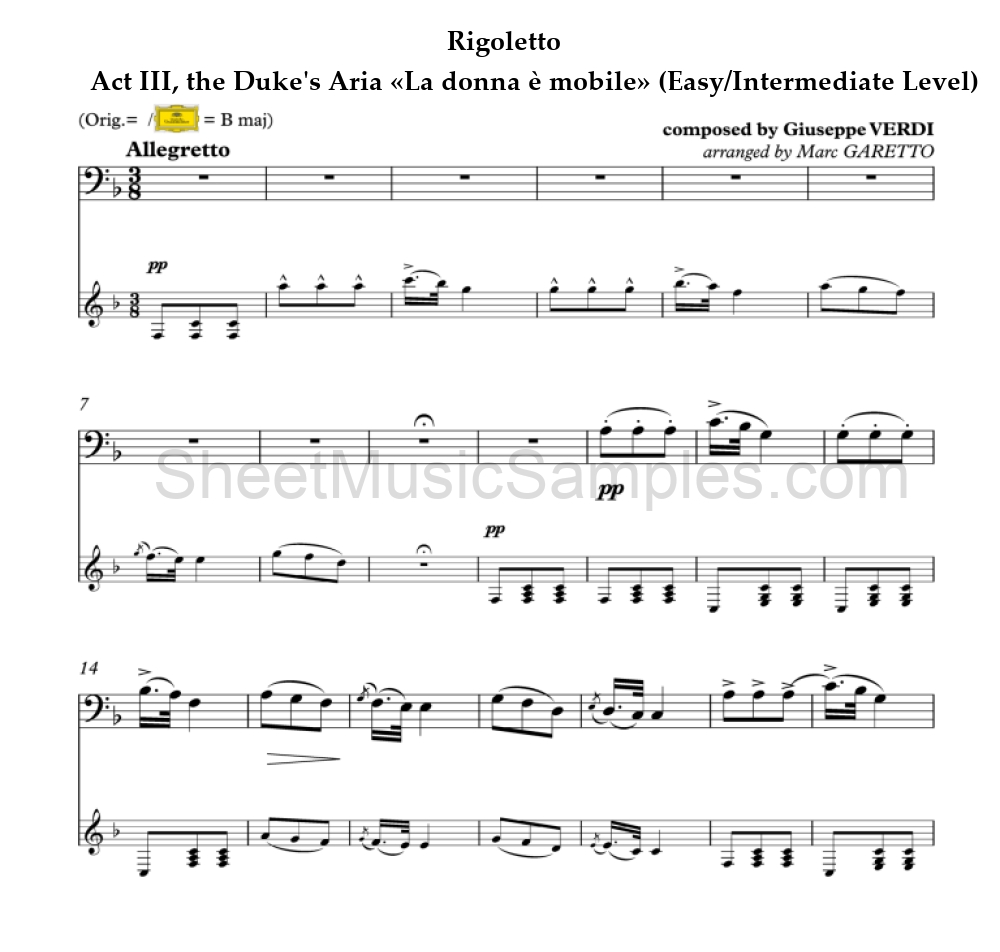 Rigoletto - Act III, the Duke's Aria «La donna è mobile» (Easy/Intermediate Level)