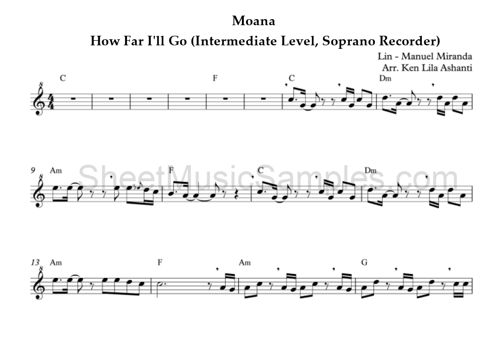 Moana - How Far I'll Go (Intermediate Level, Soprano Recorder)