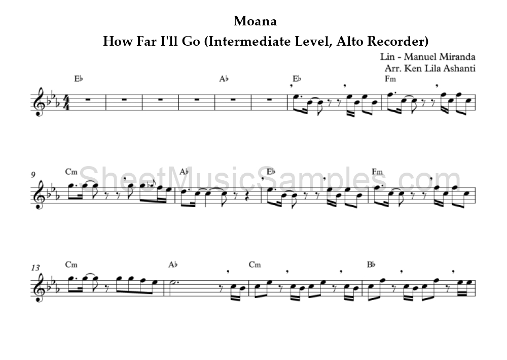 Moana - How Far I'll Go (Intermediate Level, Alto Recorder)