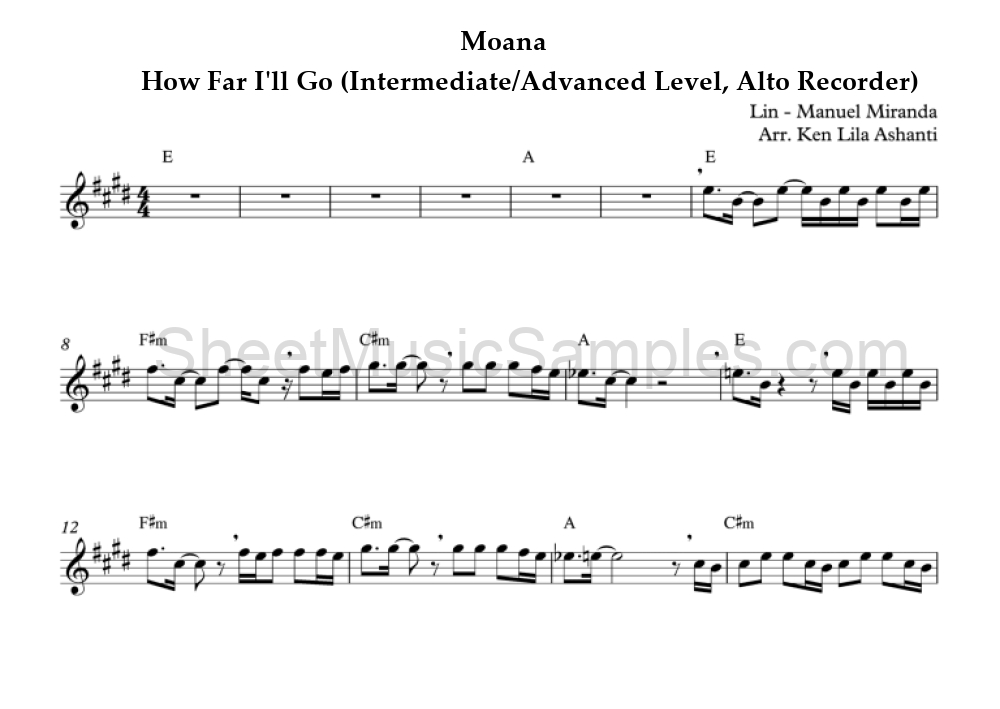 Moana - How Far I'll Go (Intermediate/Advanced Level, Alto Recorder)