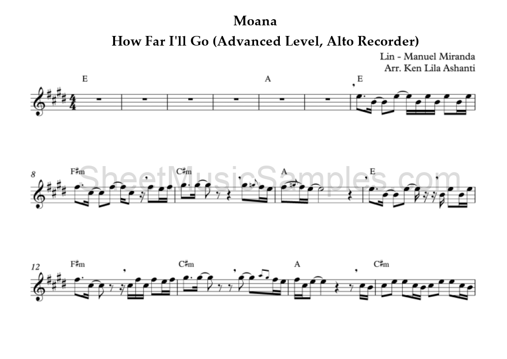 Moana - How Far I'll Go (Advanced Level, Alto Recorder)