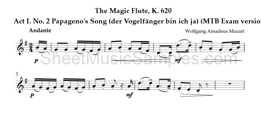 The Magic Flute, K. 620 - Act I. No. 2 Papageno's Song (der Vogelfänger bin ich ja) (MTB Exam version)