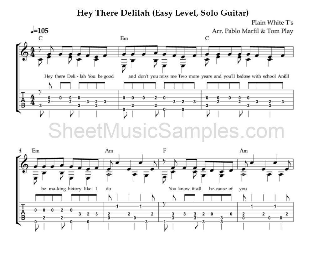 Hey There Delilah (Easy Level, Solo Guitar)