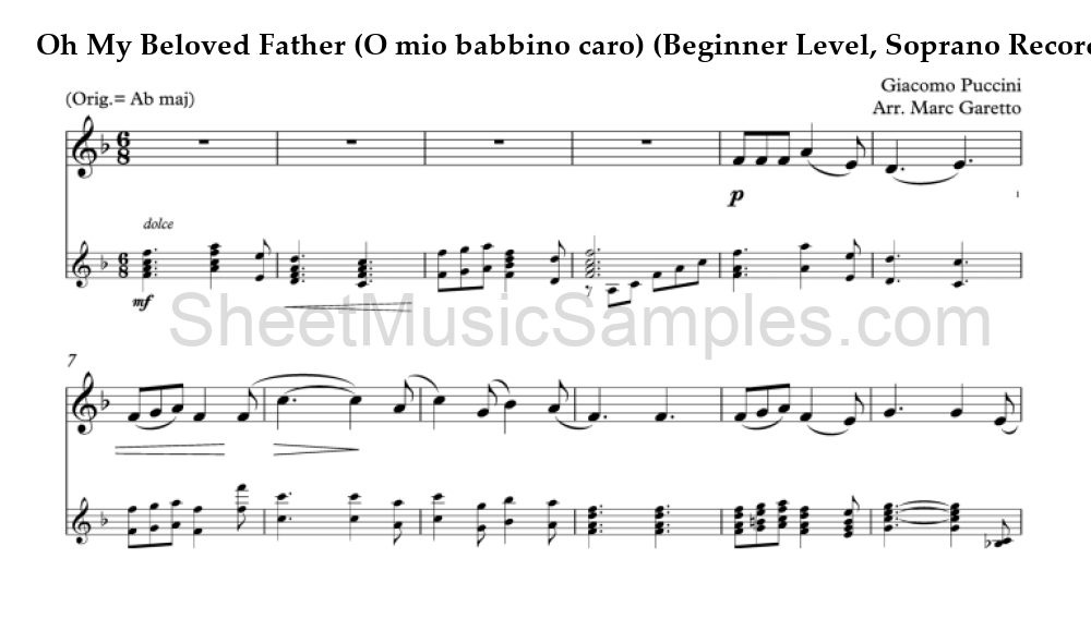 Oh My Beloved Father (O mio babbino caro) (Beginner Level, Soprano Recorder)