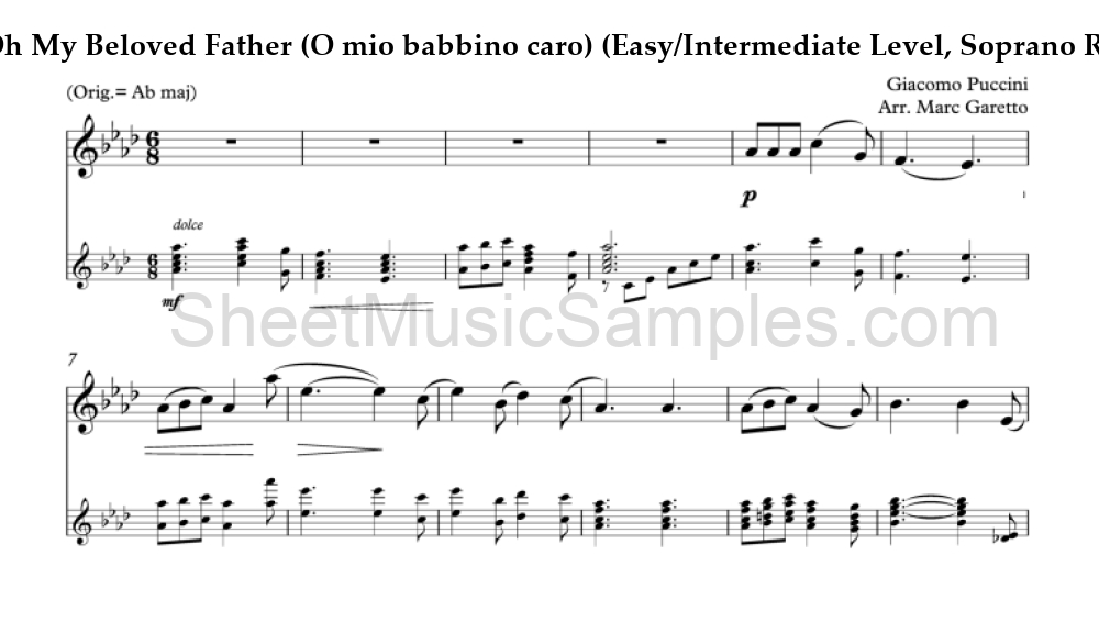 Oh My Beloved Father (O mio babbino caro) (Easy/Intermediate Level, Soprano Recorder)