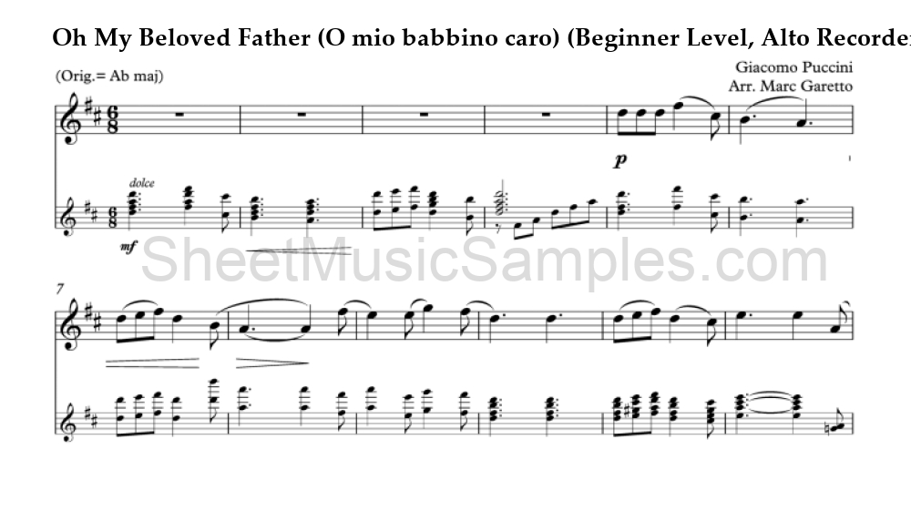 Oh My Beloved Father (O mio babbino caro) (Beginner Level, Alto Recorder)