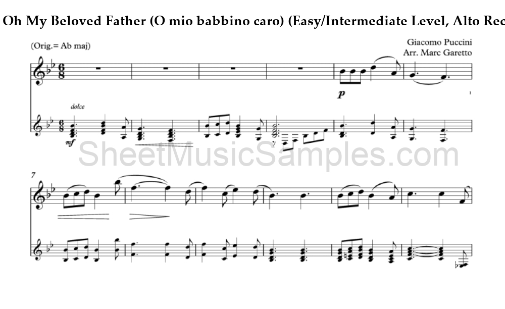 Oh My Beloved Father (O mio babbino caro) (Easy/Intermediate Level, Alto Recorder)