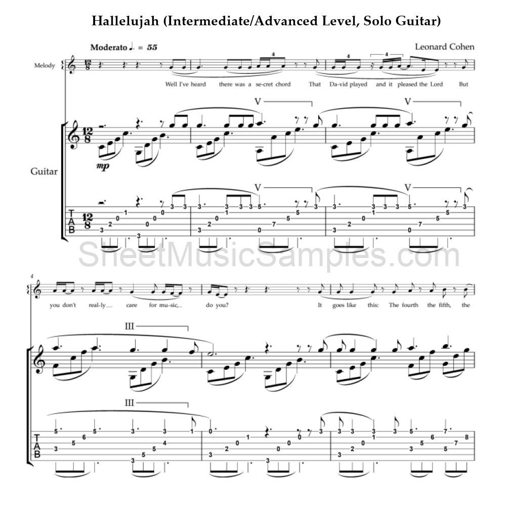 Hallelujah (Intermediate/Advanced Level, Solo Guitar)