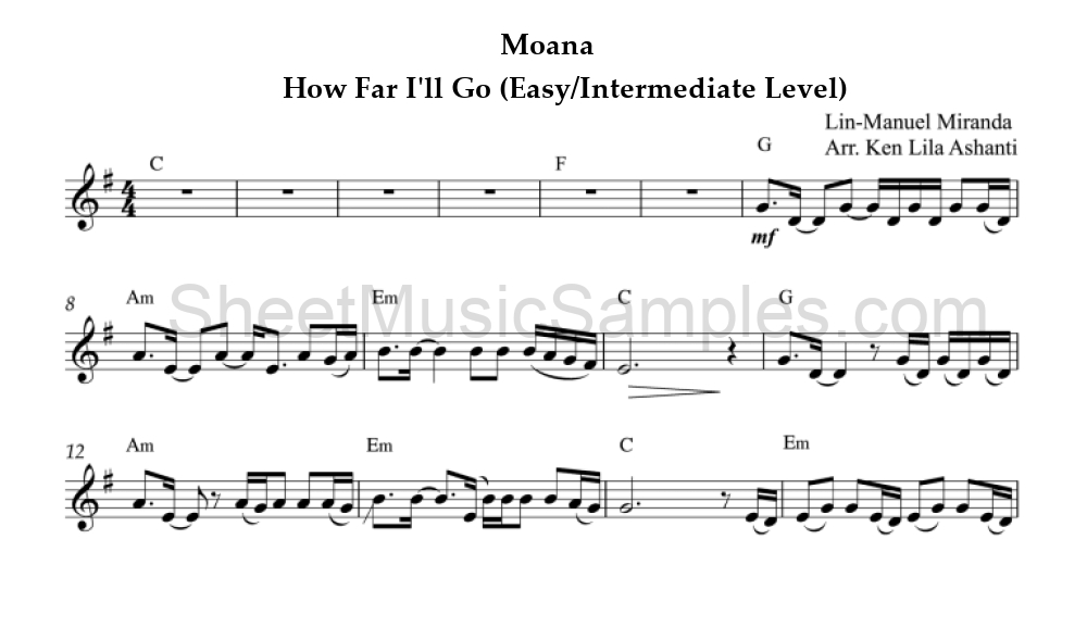 Moana - How Far I'll Go (Easy/Intermediate Level)