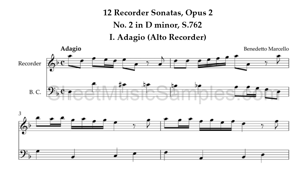 12 Recorder Sonatas, Opus 2 - No. 2 in D minor, S.762 - I. Adagio (Alto Recorder)