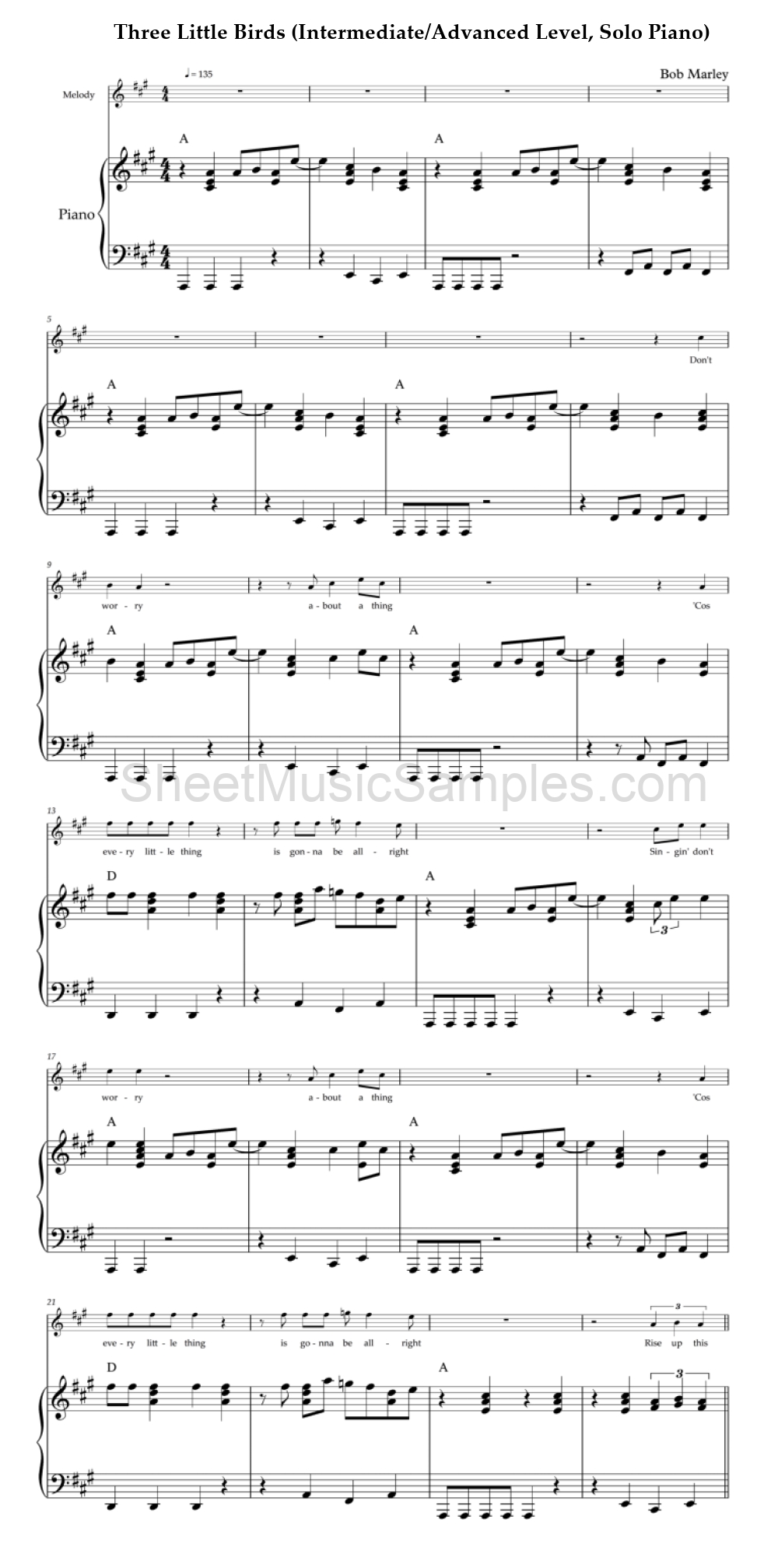 Three Little Birds (Intermediate/Advanced Level, Solo Piano)