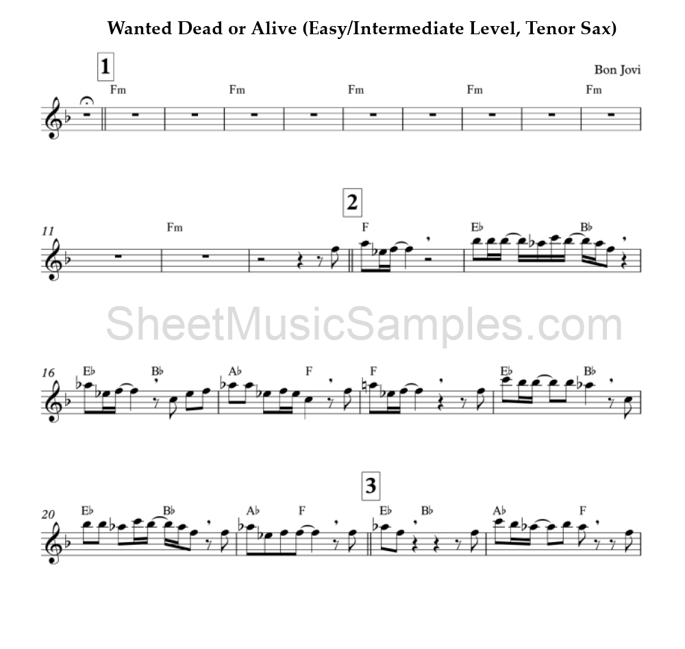 Wanted Dead or Alive (Easy/Intermediate Level, Tenor Sax)