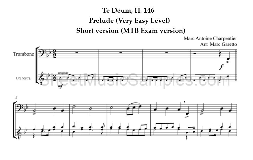 Te Deum, H. 146 - Prelude (Very Easy Level) - Short version (MTB Exam version)