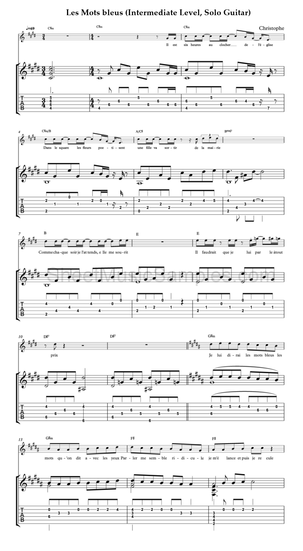 Les Mots bleus (Intermediate Level, Solo Guitar)