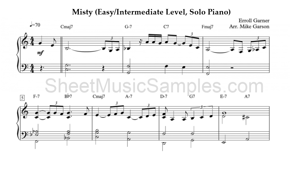 Misty (Easy/Intermediate Level, Solo Piano)