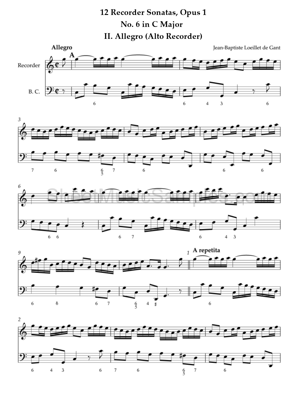 12 Recorder Sonatas, Opus 1 - No. 6 in C Major - II. Allegro (Alto Recorder)