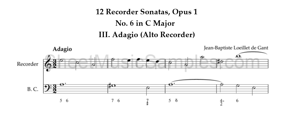 12 Recorder Sonatas, Opus 1 - No. 6 in C Major - III. Adagio (Alto Recorder)