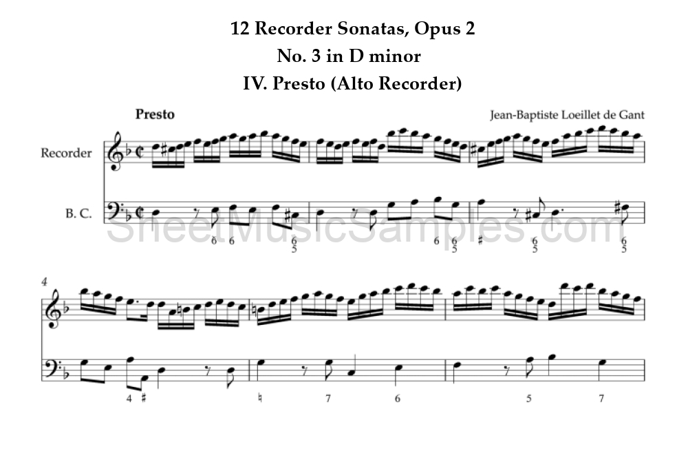 12 Recorder Sonatas, Opus 2 - No. 3 in D minor - IV. Presto (Alto Recorder)