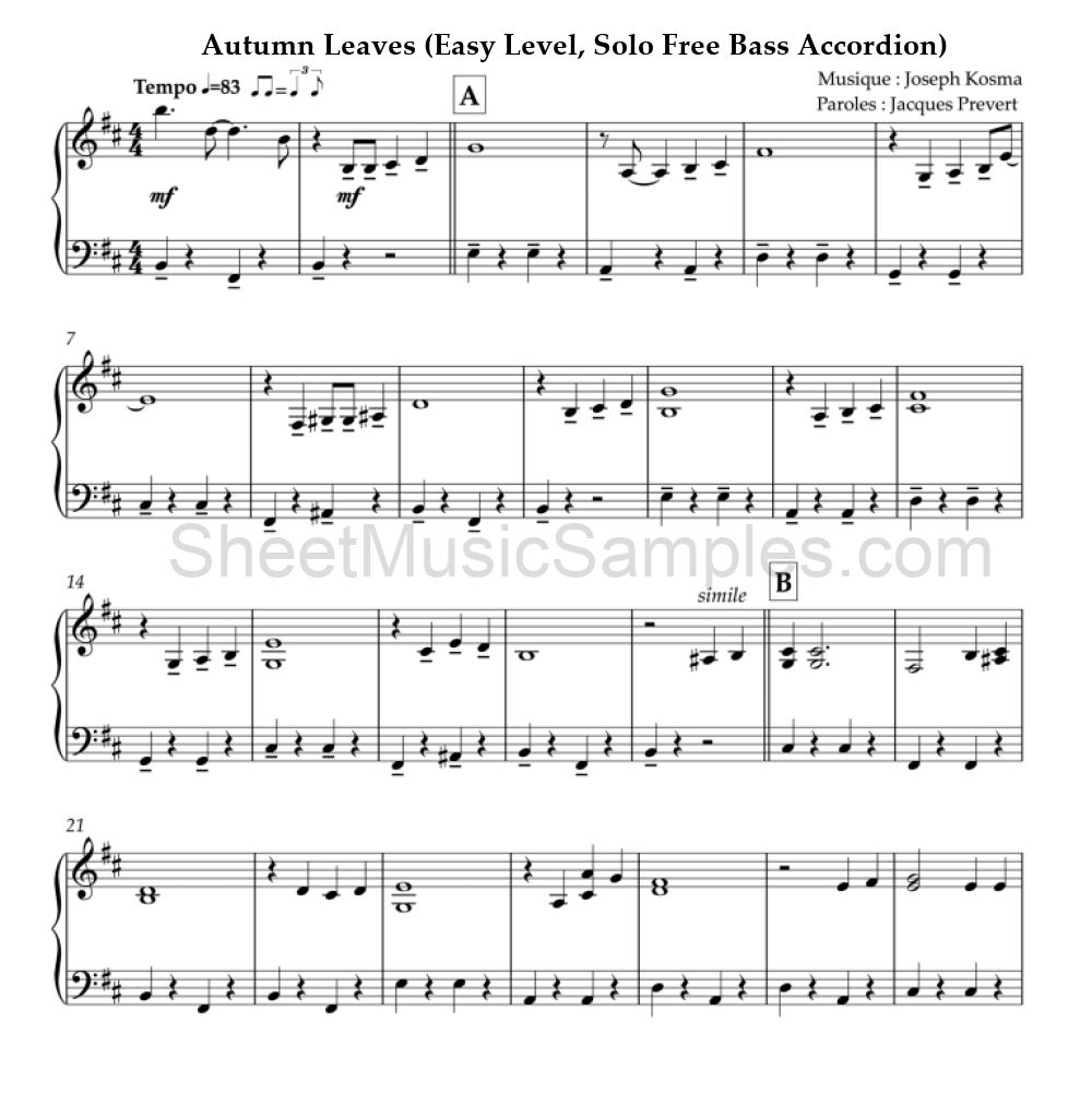 Autumn Leaves (Easy Level, Solo Free Bass Accordion)