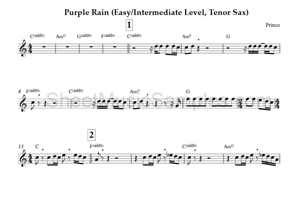 Purple Rain (Easy/Intermediate Level, Tenor Sax)