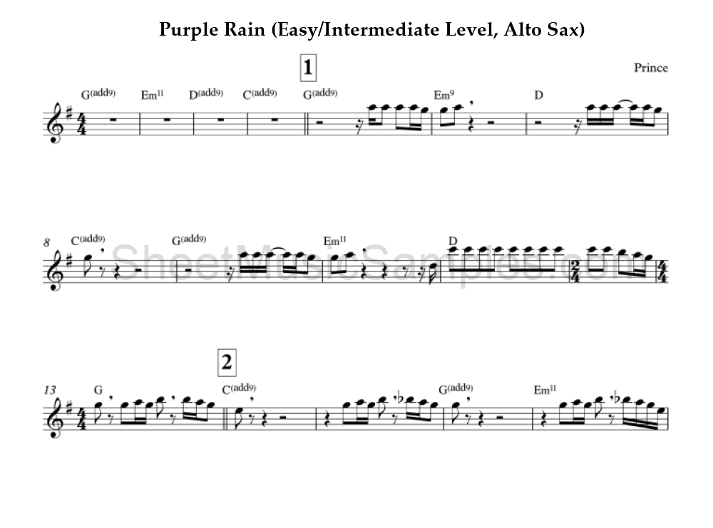 Purple Rain (Easy/Intermediate Level, Alto Sax)