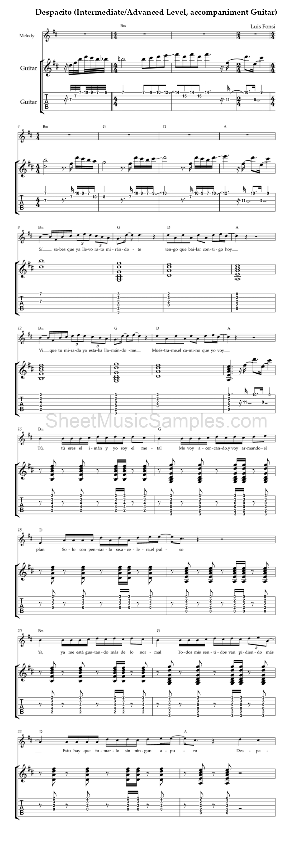 Despacito (Intermediate/Advanced Level, accompaniment Guitar)