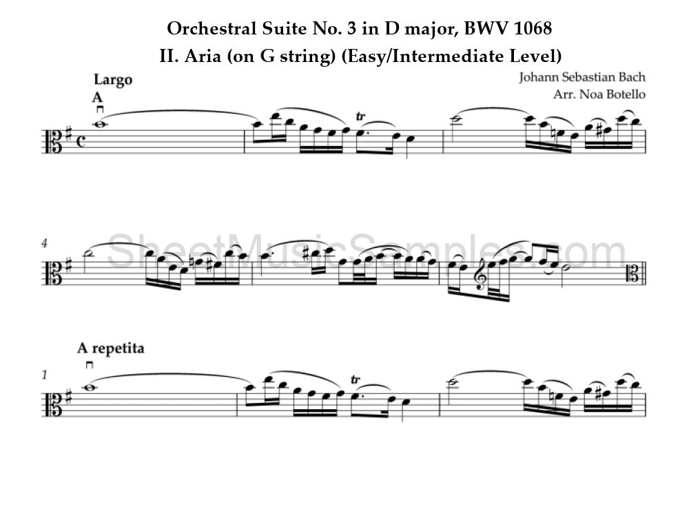 Orchestral Suite No. 3 in D major, BWV 1068 - II. Aria (on G string) (Easy/Intermediate Level)