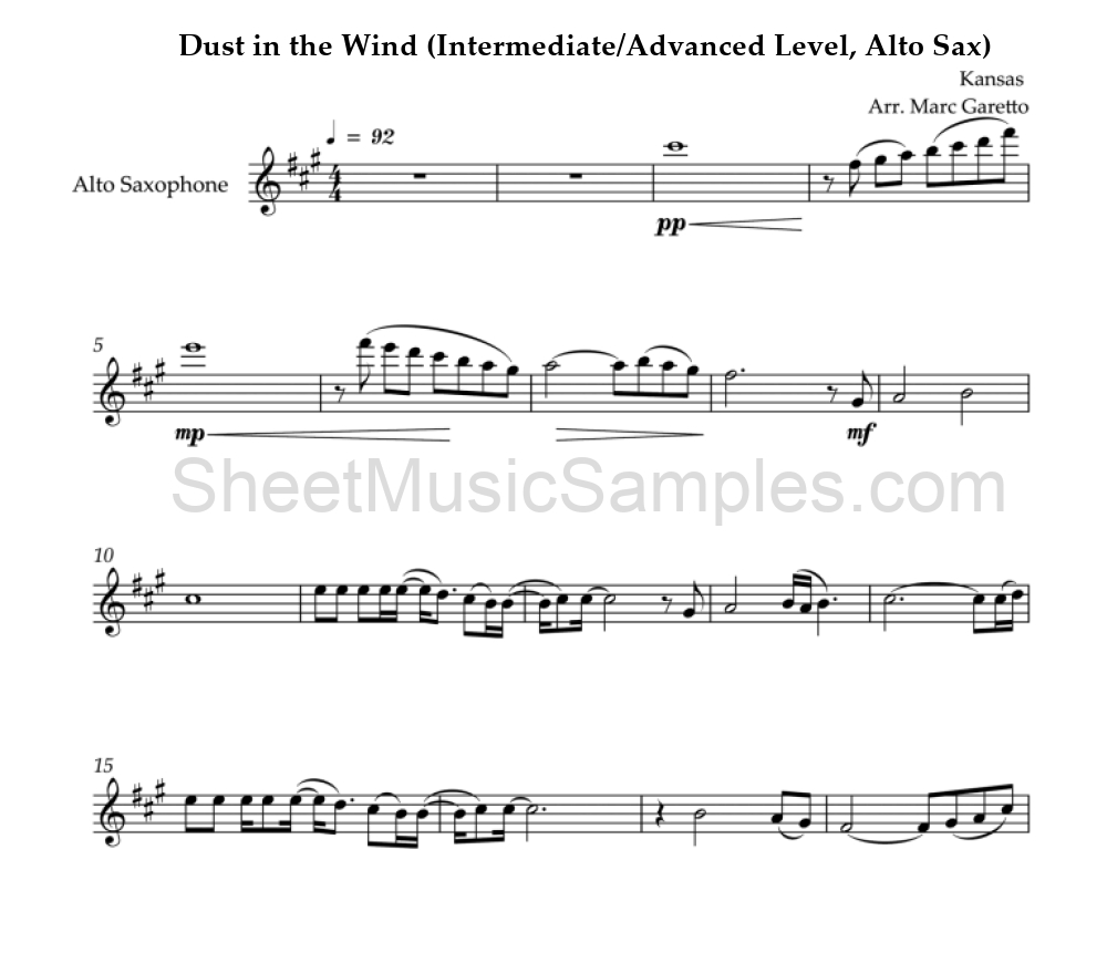 Dust in the Wind (Intermediate/Advanced Level, Alto Sax)