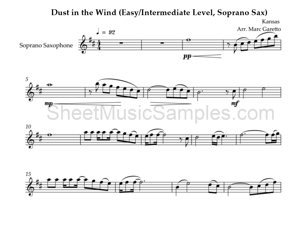 Dust in the Wind (Easy/Intermediate Level, Soprano Sax)