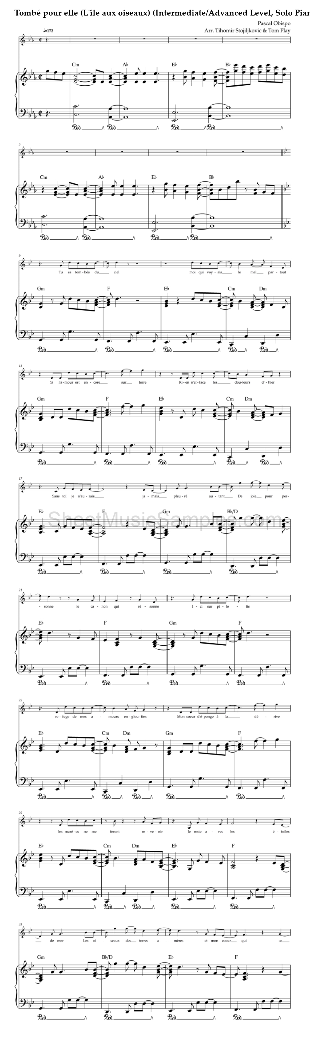 Tombé pour elle (L'île aux oiseaux) (Intermediate/Advanced Level, Solo Piano)