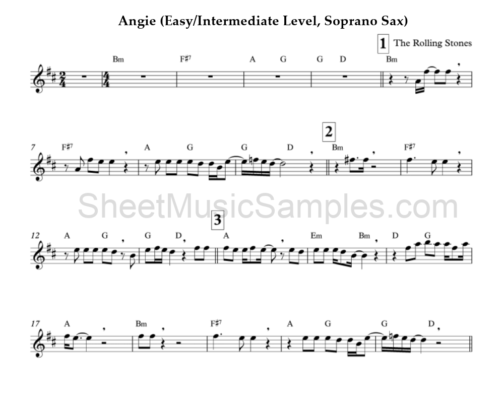 Angie (Easy/Intermediate Level, Soprano Sax)