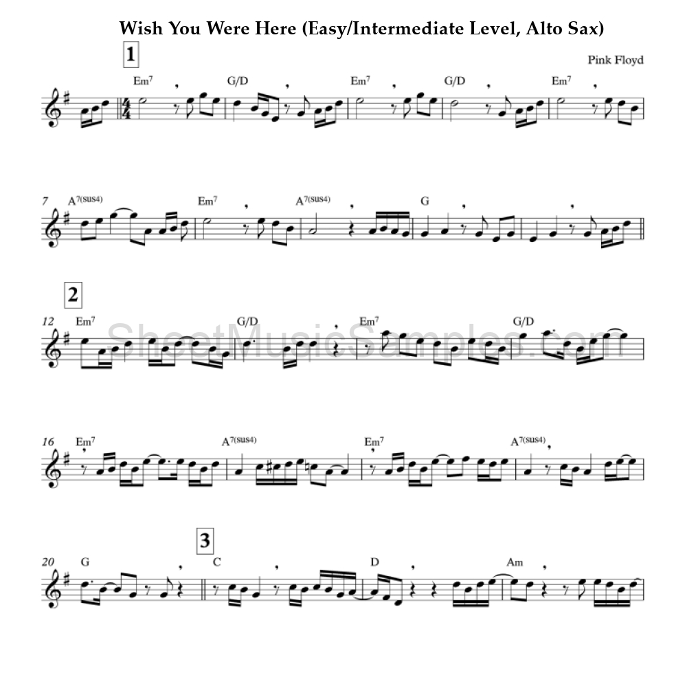 Wish You Were Here (Easy/Intermediate Level, Alto Sax)