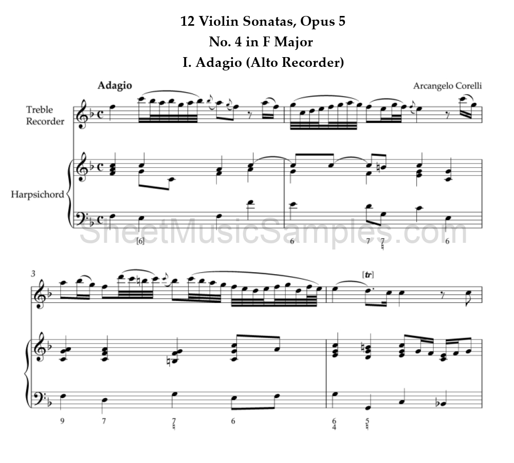 12 Violin Sonatas, Opus 5 - No. 4 in F Major - I. Adagio (Alto Recorder)