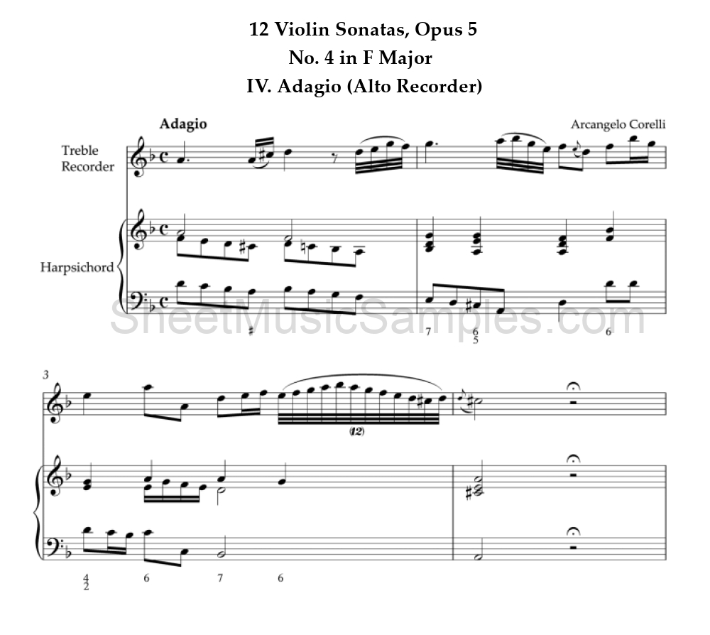 12 Violin Sonatas, Opus 5 - No. 4 in F Major - IV. Adagio (Alto Recorder)