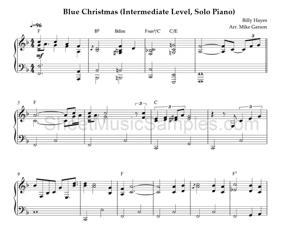 Blue Christmas (Intermediate Level, Solo Piano)