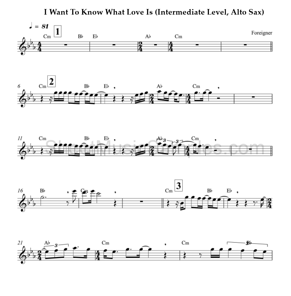 I Want To Know What Love Is (Intermediate Level, Alto Sax)