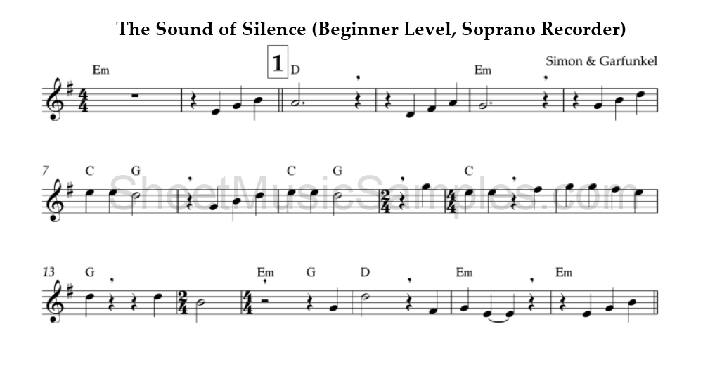 The Sound of Silence (Beginner Level, Soprano Recorder)