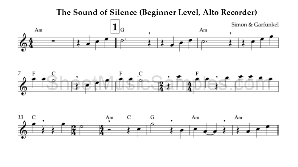 The Sound of Silence (Beginner Level, Alto Recorder)