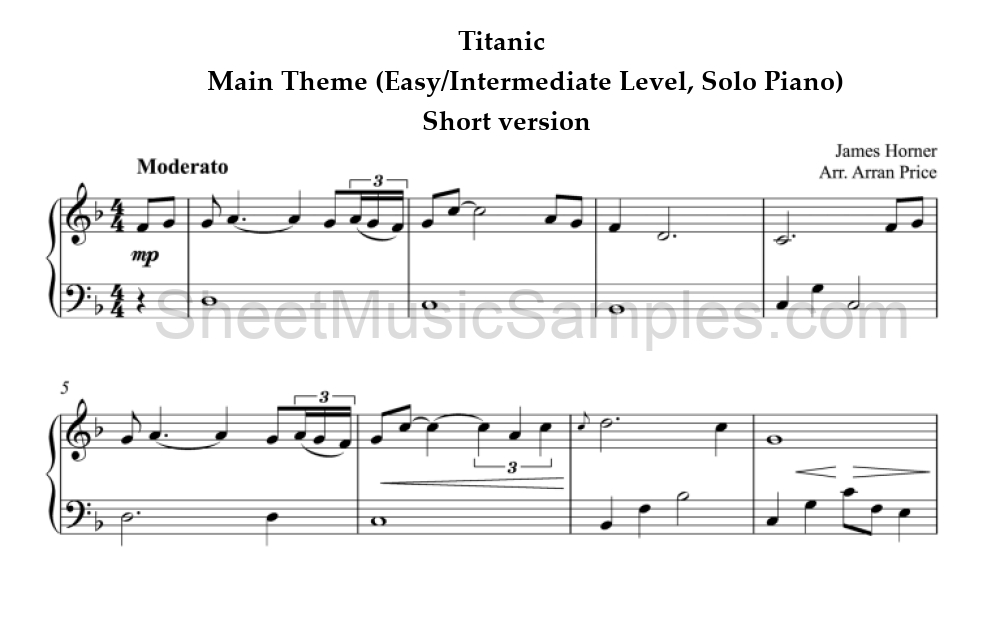 Titanic - Main Theme (Easy/Intermediate Level, Solo Piano) - Short version