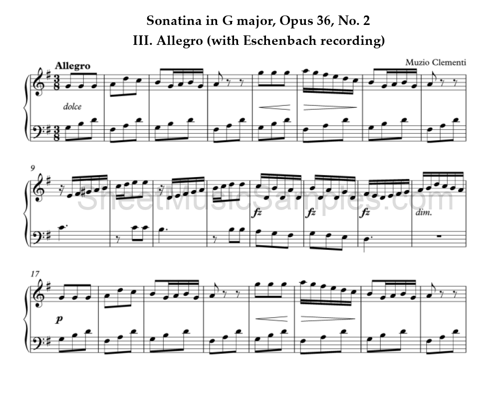 Sonatina in G major, Opus 36, No. 2 - III. Allegro (with Eschenbach recording)