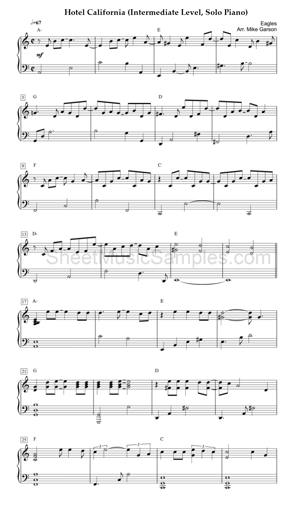 Hotel California (Intermediate Level, Solo Piano)