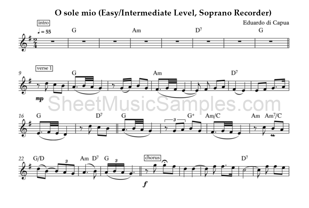 O sole mio (Easy/Intermediate Level, Soprano Recorder)