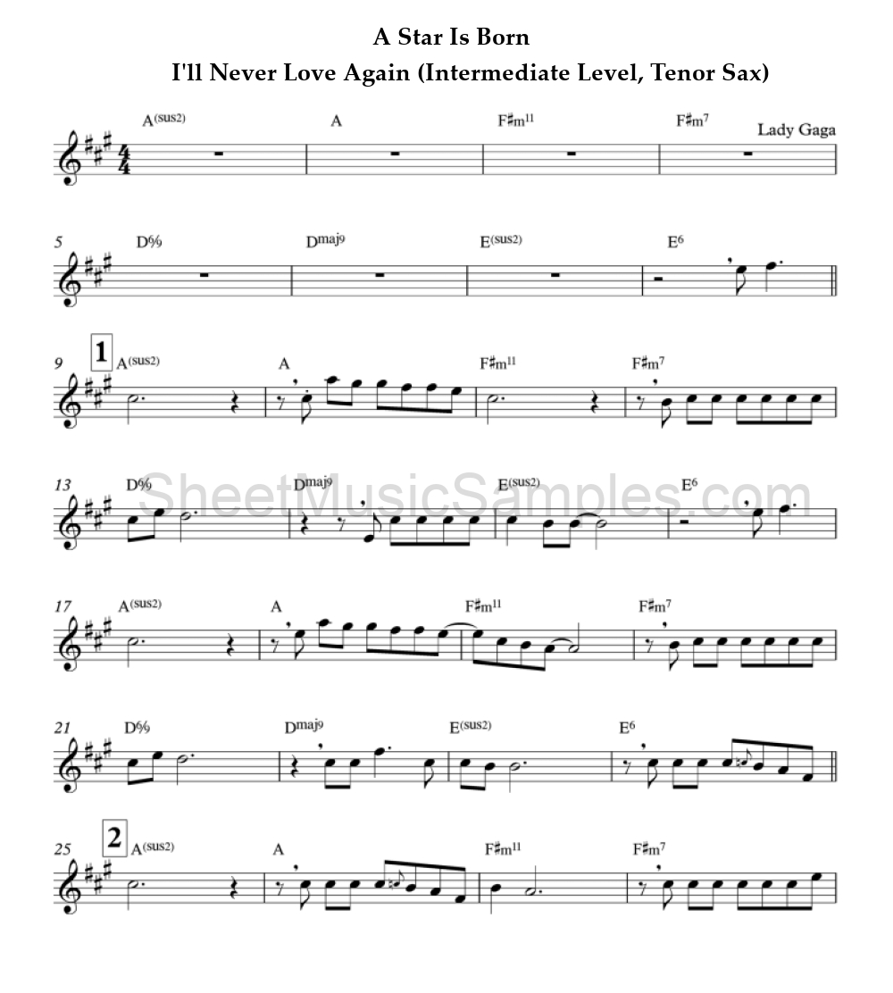 A Star Is Born - I'll Never Love Again (Intermediate Level, Tenor Sax)